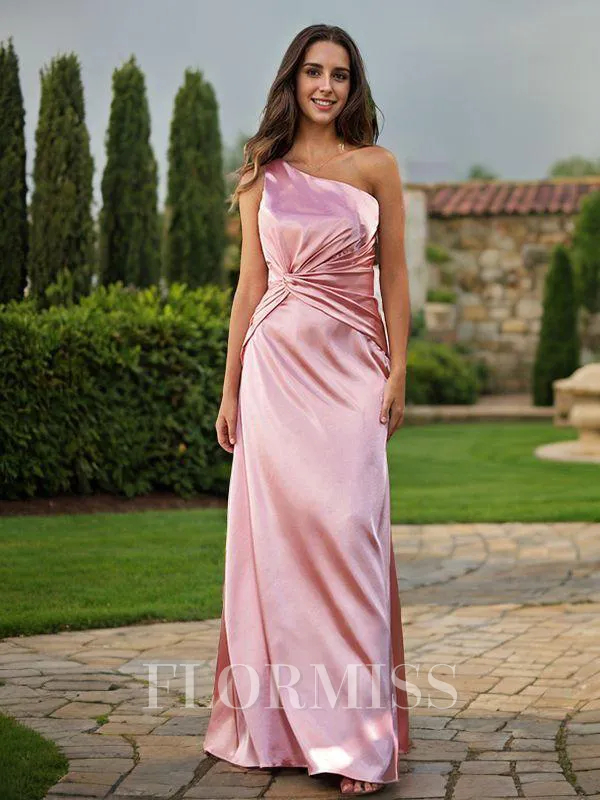 Sheath/Column Silk Like Satin Ruched One-Shoulder Sleeveless Floor-Length Bridesmaid Dresses