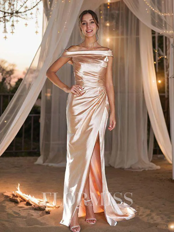 Sheath/Column Silk Like Satin Ruched Off-The-Shoulder Sleeveless Sweep Train Bridesmaid Dresses