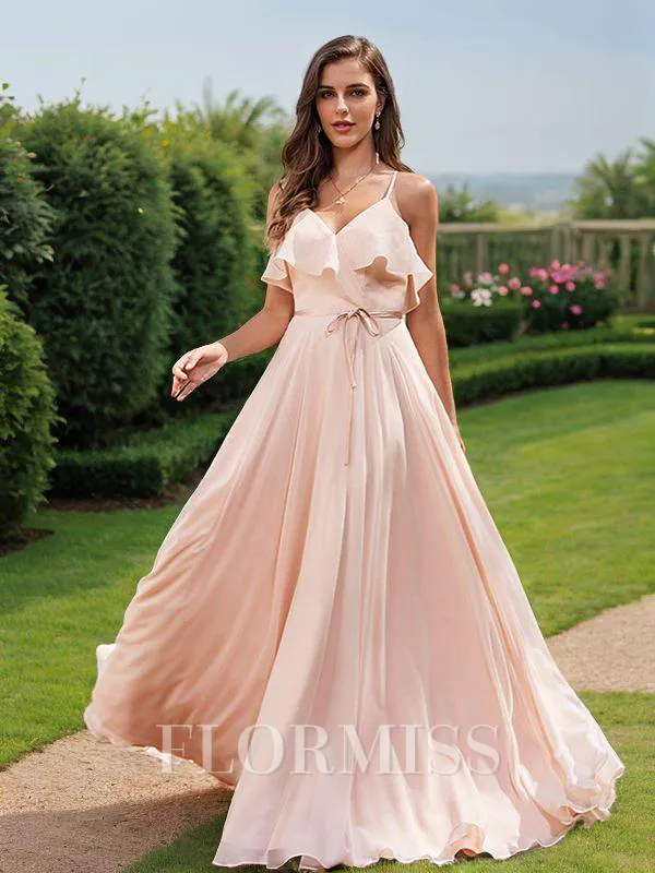 A-Line/Princess Chiffon Sash/Ribbon/Belt V-Neck Sleeveless Floor-Length Bridesmaid Dresses