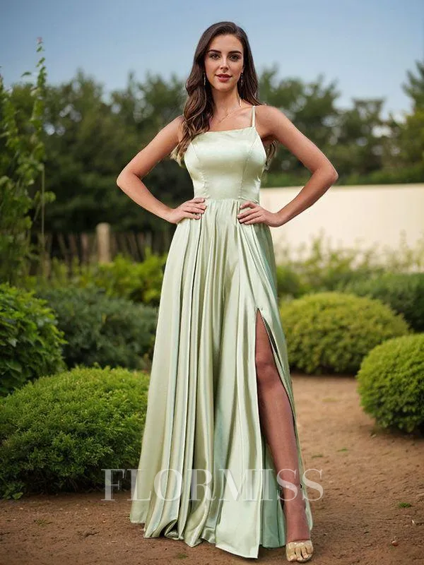 A-Line/Princess Silk Like Satin Ruffles Straps Sleeveless Floor-Length Bridesmaid Dresses