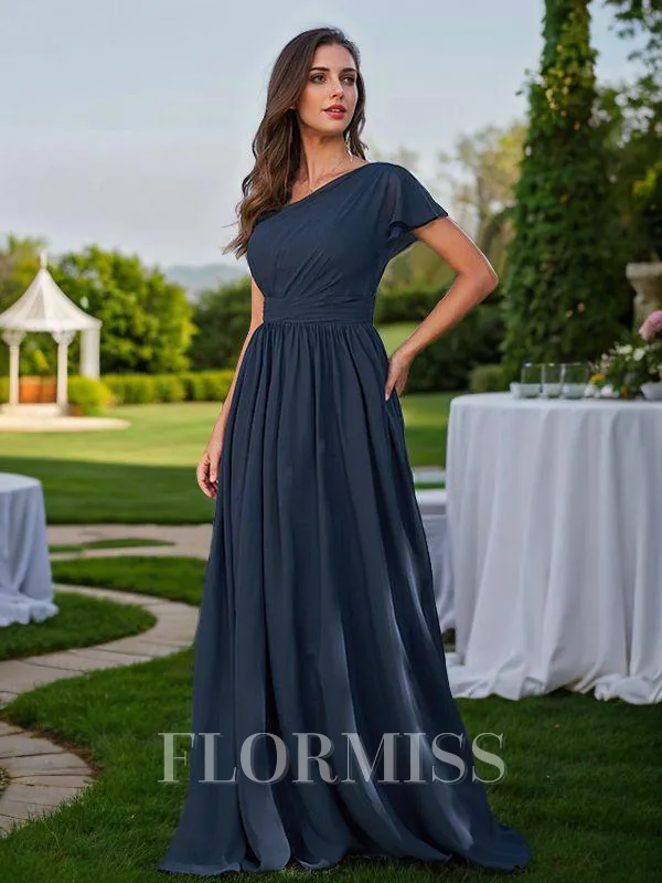 A-Line/Princess Chiffon Ruched One-Shoulder Short Sleeves Floor-Length Bridesmaid Dresses