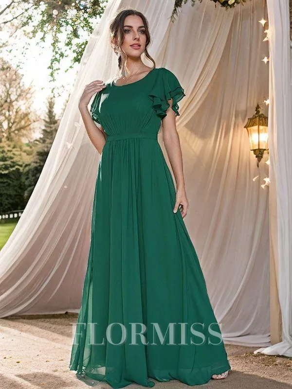 A-Line/Princess Chiffon Ruffles Scoop Short Sleeves Floor-Length Bridesmaid Dresses