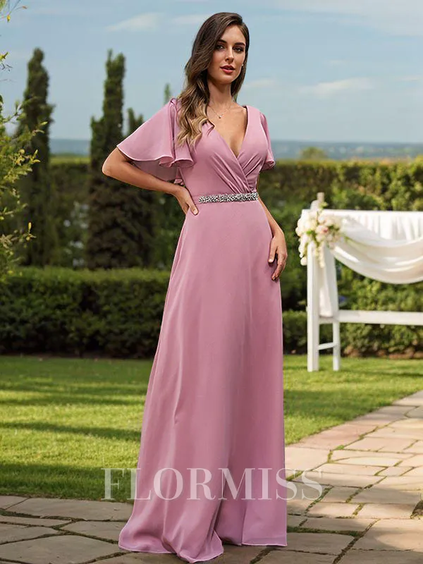 A-Line/Princess Chiffon Sash/Ribbon/Belt V-neck Short Sleeves Floor-Length Bridesmaid Dresses