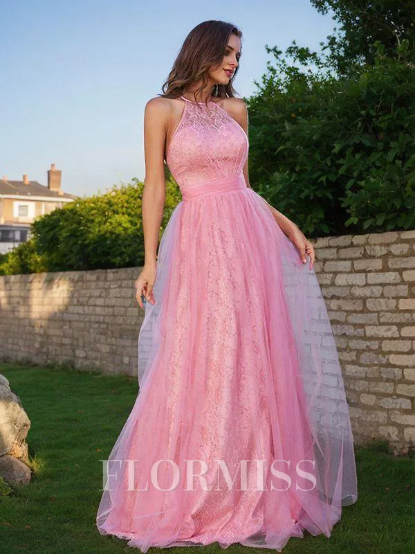 A-Line/Princess Tulle Ruffles Halter Sleeveless Sweep Train Bridesmaid Dresses