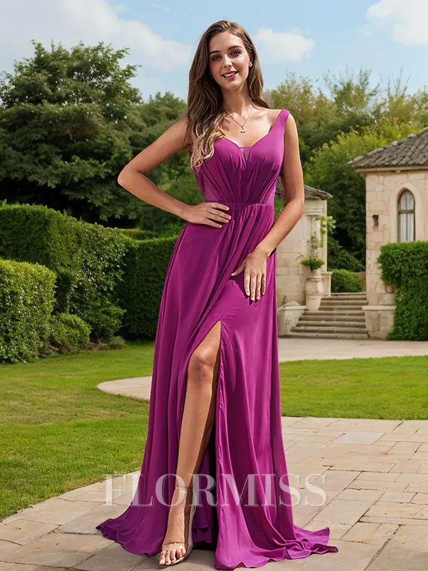 A-Line/Princess Chiffon Ruched V-neck Sleeveless Sweep Train Bridesmaid Dresses