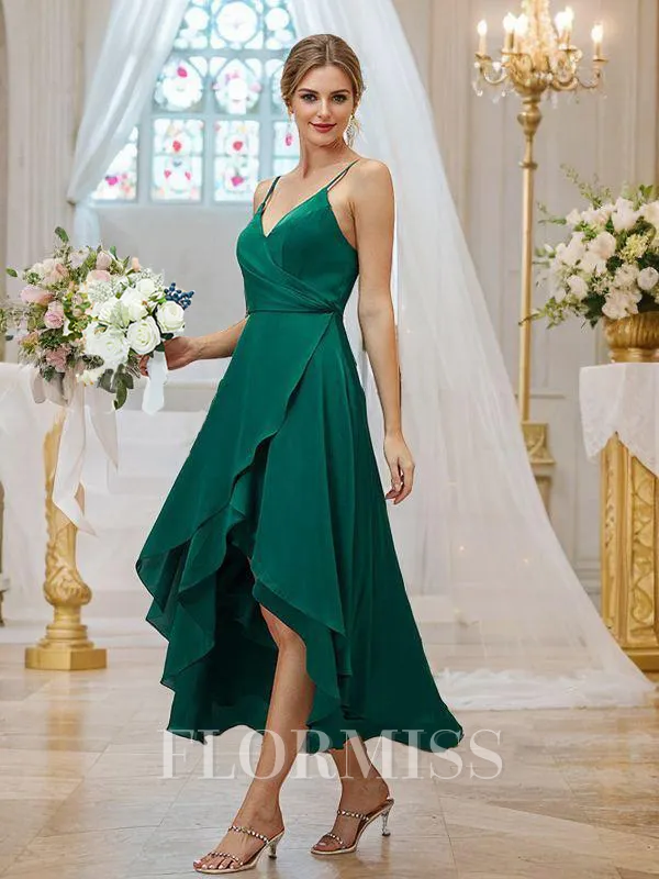 A-Line/Princess Satin Chiffon Ruched V-neck Sleeveless Asymmetrical Bridesmaid Dresses