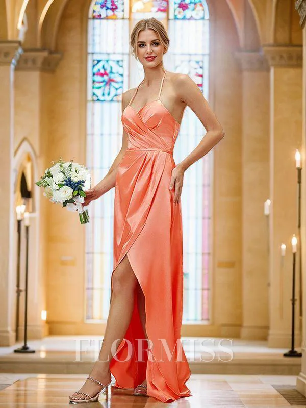 A-Line/Princess Silk Like Satin Ruched V-neck Sleeveless Asymmetrical Bridesmaid Dresses