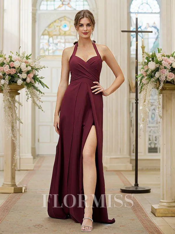 A-Line/Princess Stretch Crepe Ruched Halter Sleeveless Floor-Length Bridesmaid Dresses