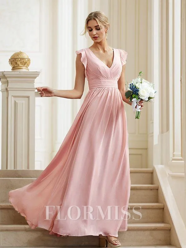 A-Line/Princess Chiffon Ruched V-neck Sleeveless Floor-Length Bridesmaid Dresses