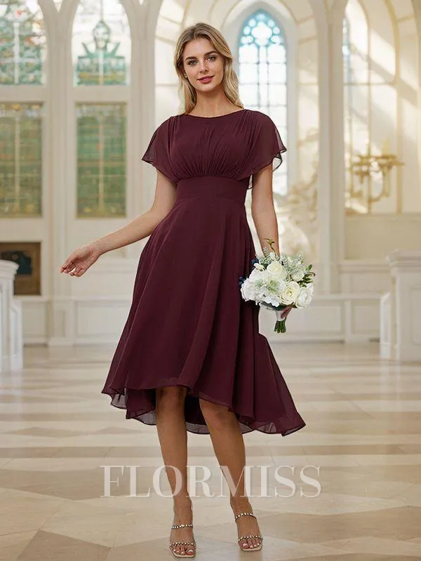 A-Line/Princess Chiffon Ruched Scoop Short Sleeves Asymmetrical Bridesmaid Dresses