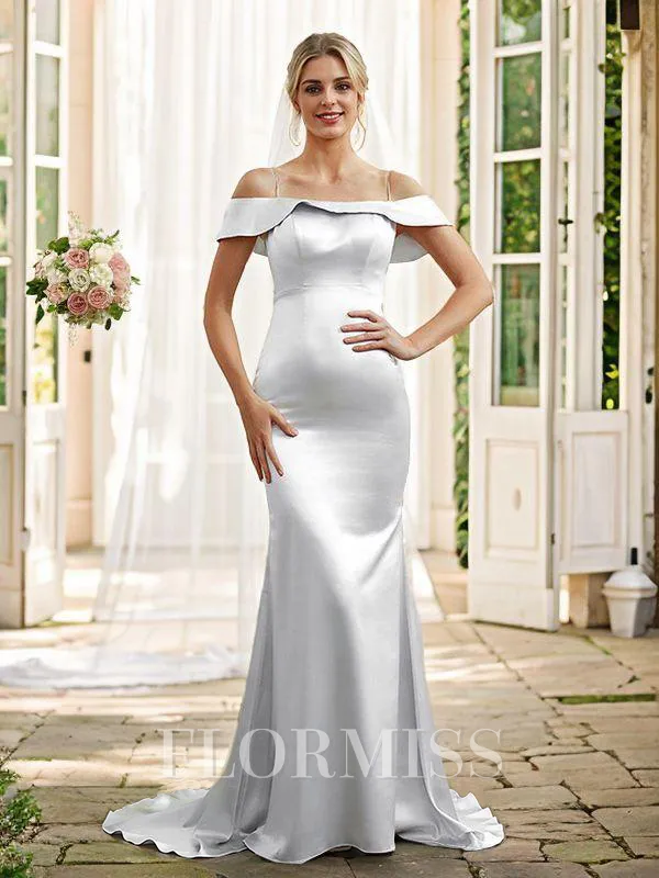 Sheath/Column Silk Like Satin Spaghetti Straps Sleeveless Sweep Train Bridesmaid Dresses