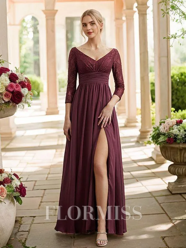 A-Line/Princess Chiffon Lace V-neck Long Sleeves Floor-Length Bridesmaid Dresses