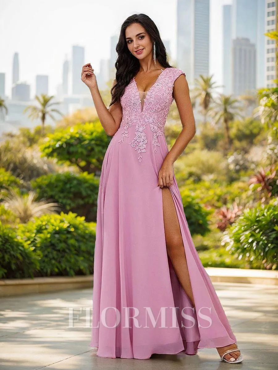 A-Line/Princess Chiffon Applique V-neck Sleeveless Floor-Length Bridesmaid Dresses