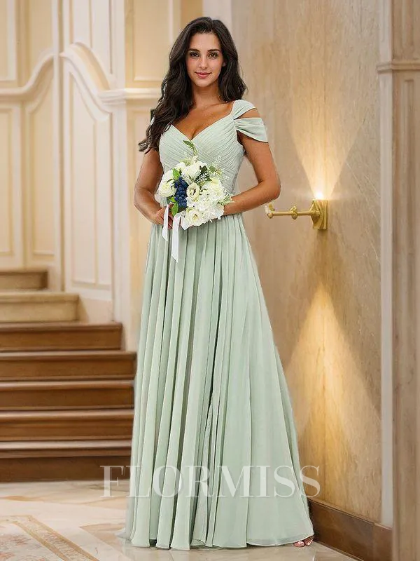 A-Line/Princess Chiffon Ruched V-neck Sleeveless Floor-Length Bridesmaid Dresses