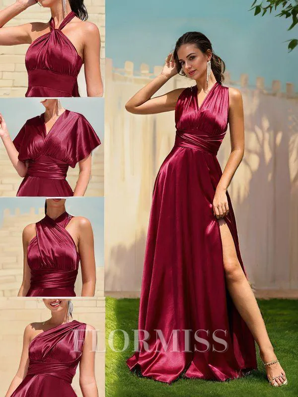 A-Line/Princess Silk Like Satin Bowknot Sleeveless Floor-Length Bridesmaid Dresses