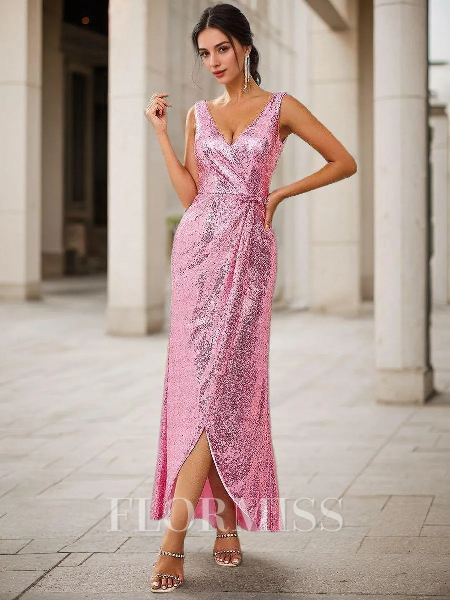 Sheath/Column Sequins Ruched V-neck Sleeveless Floor-Length Bridesmaid Dresses