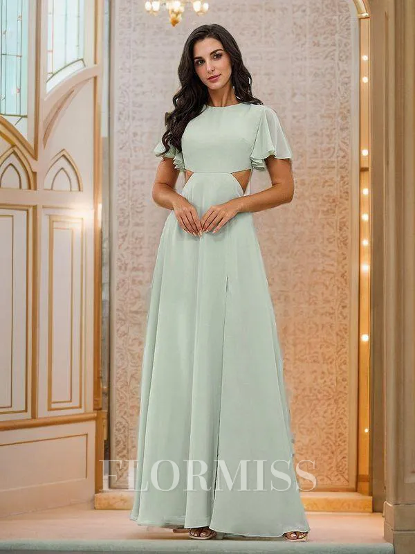 A-Line/Princess Chiffon Scoop Short Sleeves Floor-Length Bridesmaid Dresses
