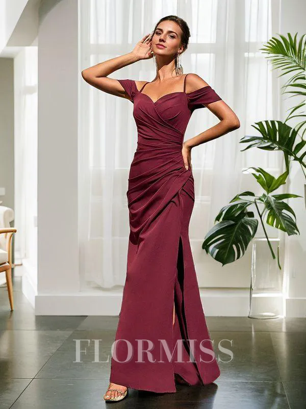 Sheath/Column Stretch Crepe Ruched V-neck Sleeveless Sweep/Brush Train Bridesmaid Dresses