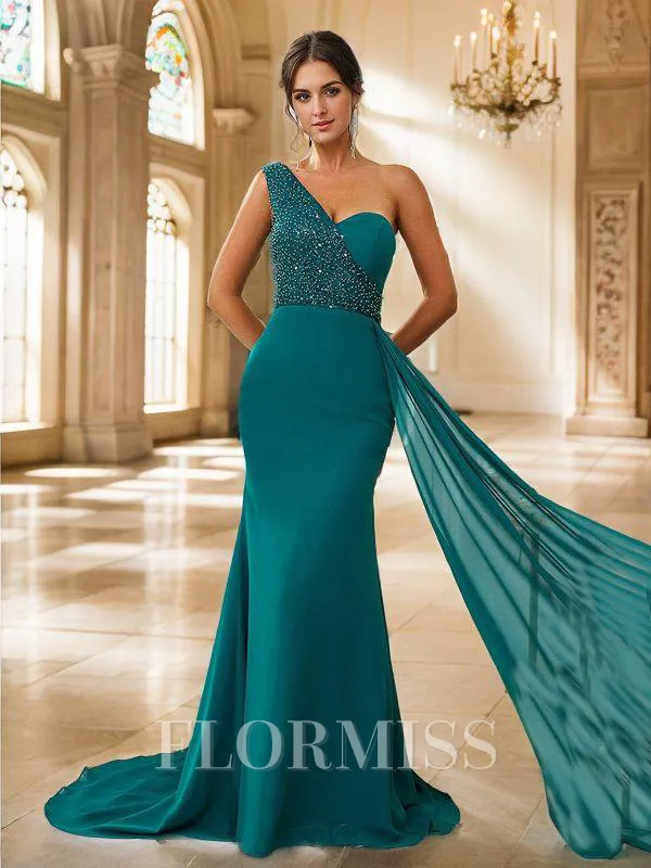 Sheath/Column Chiffon Beading One-Shoulder Sleeveless Court Train Bridesmaid Dresses