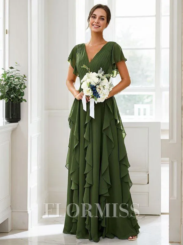 A-Line/Princess Chiffon Ruffles V-neck Short Sleeves Floor-Length Bridesmaid Dresses