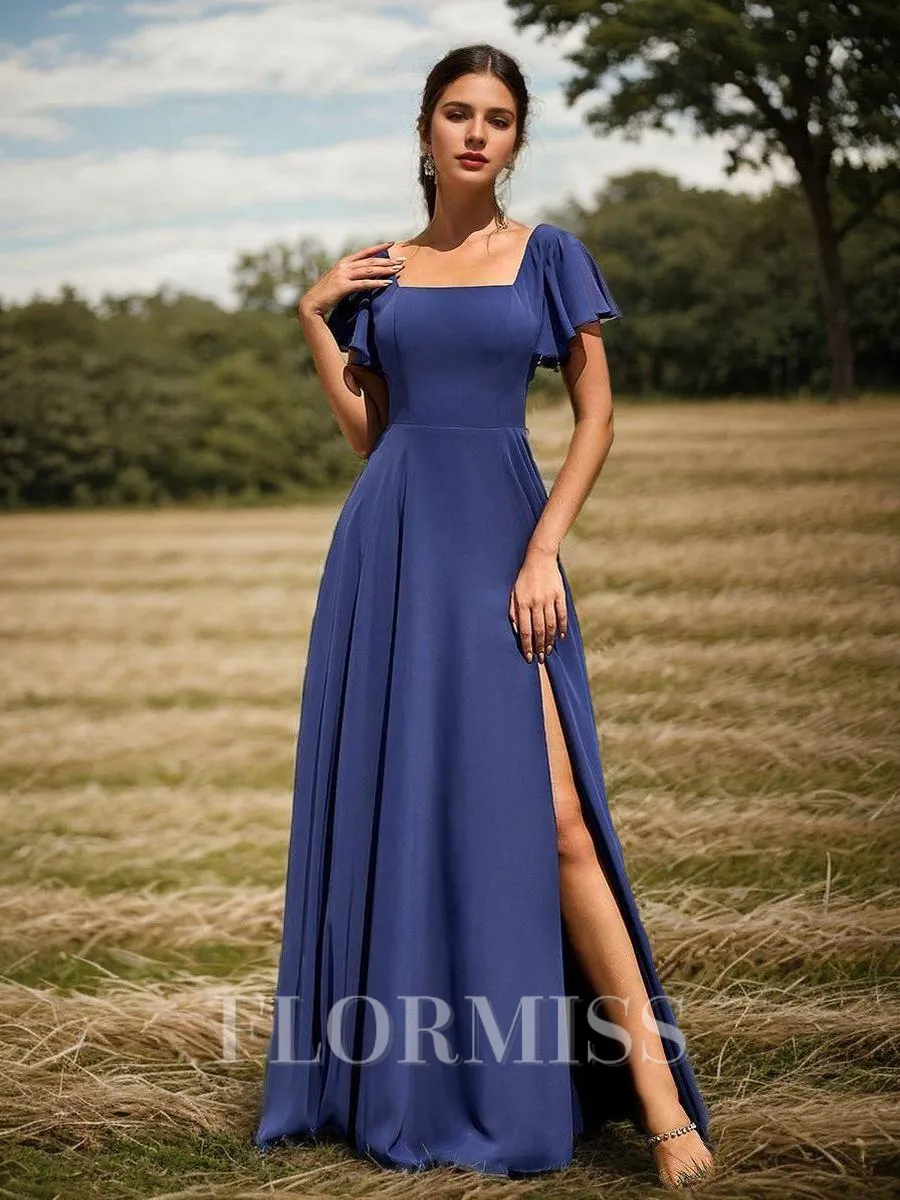 A-Line/Princess Chiffon Square Short Sleeves Floor-Length Bridesmaid Dresses