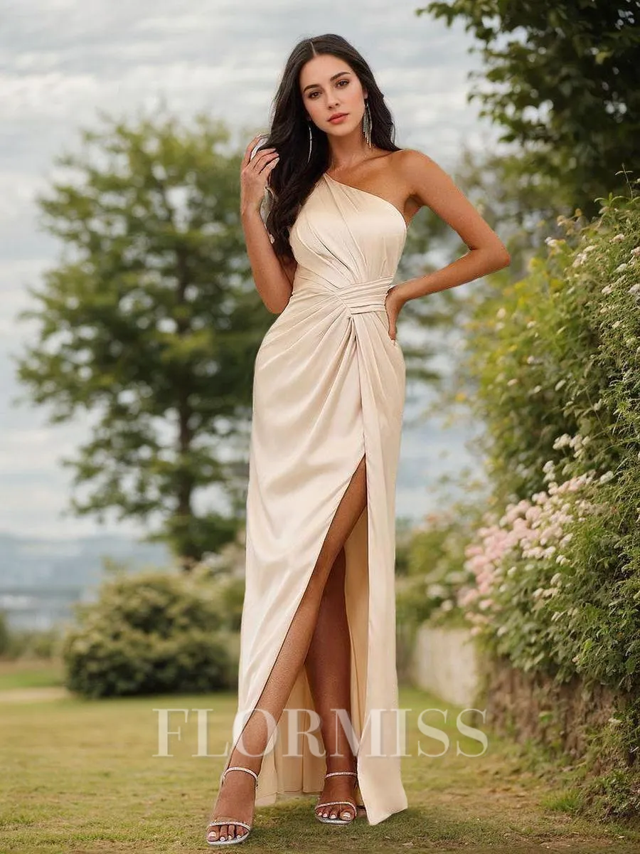 Sheath/Column Silk Like Satin Ruched One-Shoulder Sleeveless Floor-Length Bridesmaid Dresses