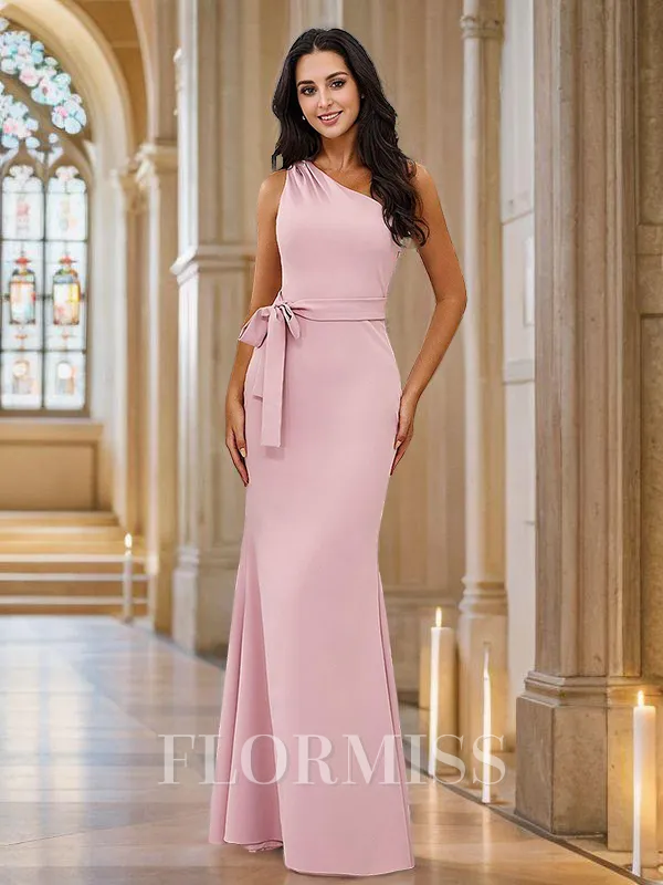 Sheath/Column Stretch Crepe Bowknot One-Shoulder Sleeveless Floor-Length Bridesmaid Dresses
