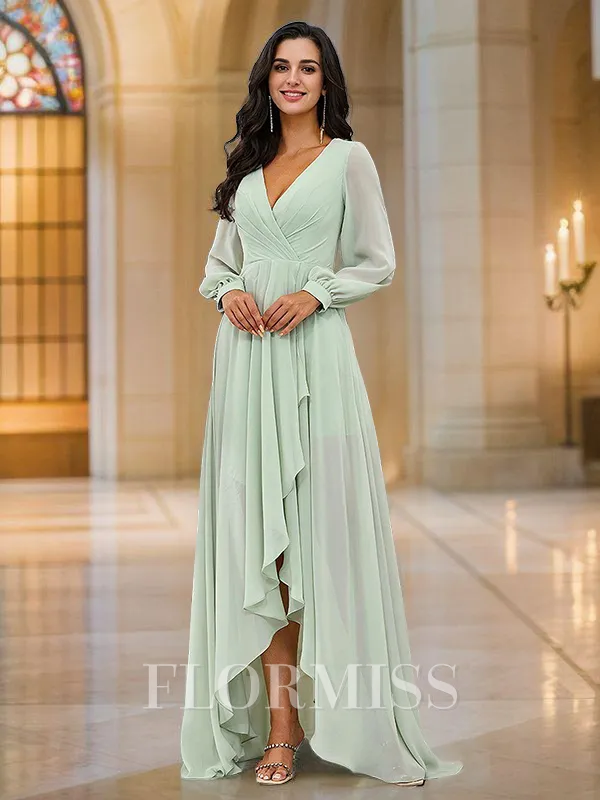 A-Line/Princess Chiffon Ruched V-neck Long Sleeves Asymmetrical Bridesmaid Dresses