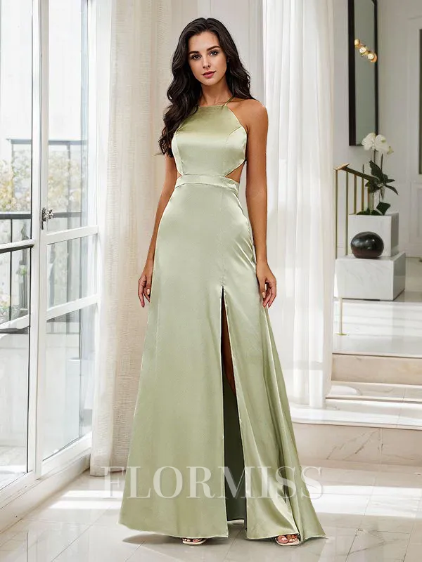 A-Line/Princess Silk Like Satin Halter Sleeveless Floor-Length Bridesmaid Dresses
