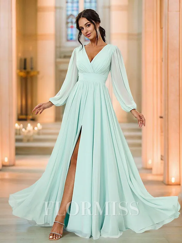 A-Line/Princess Chiffon Ruched V-neck Long Sleeves Floor-Length Bridesmaid Dresses