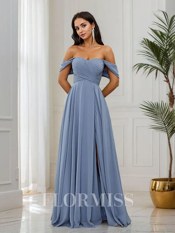 A-Line/Princess Chiffon Ruched Off-the-Shoulder Sleeveless Floor-Length Bridesmaid Dresses
