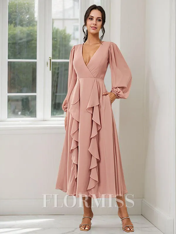 A-Line/Princess Chiffon Ruffles V-neck Long Sleeves Tea-Length Bridesmaid Dresses