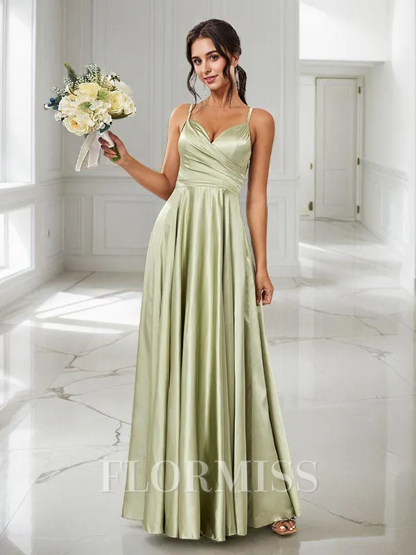 A-Line/Princess Silk Like Satin Ruched V-neck Sleeveless Floor-Length Bridesmaid Dresses