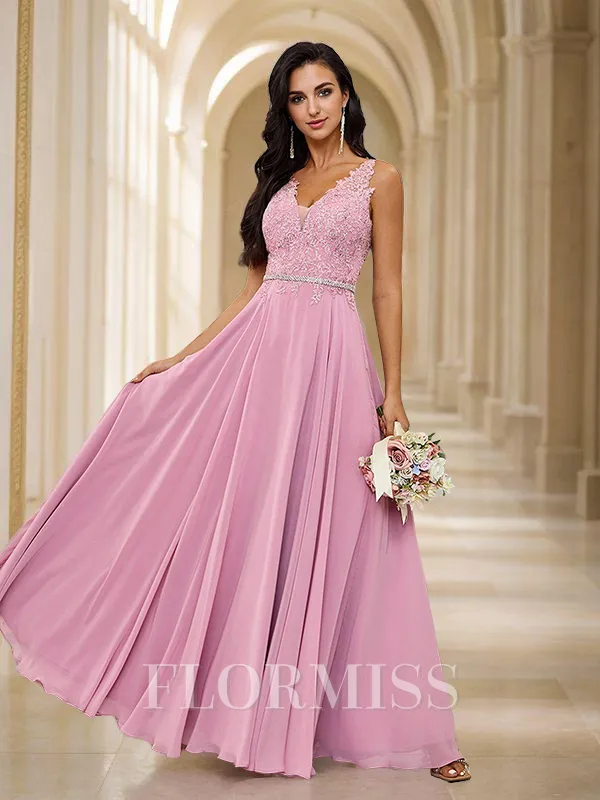 A-Line/Princess Chiffon Applique V-neck Sleeveless Floor-Length Bridesmaid Dresses