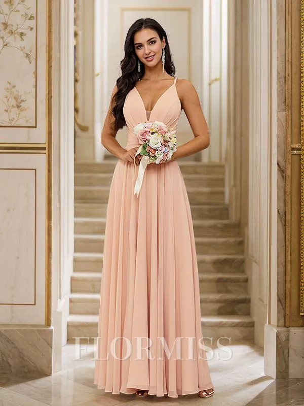 A-Line/Princess Chiffon Ruched V-neck Sleeveless Floor-Length Bridesmaid Dresses