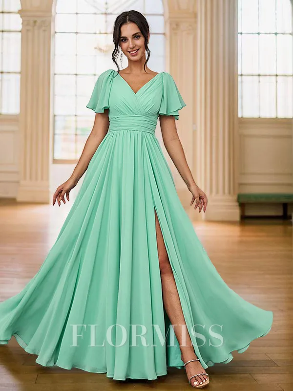 A-Line/Princess Chiffon Ruched V-neck Short Sleeves Floor-Length Bridesmaid Dresses