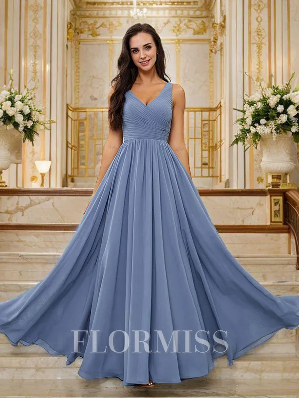 A-Line/Princess Chiffon Ruched V-neck Sleeveless Floor-Length Bridesmaid Dresses