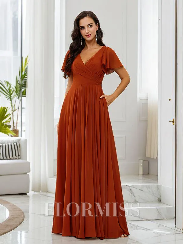 A-Line/Princess Chiffon Ruched V-neck Short Sleeves Floor-Length Bridesmaid Dresses