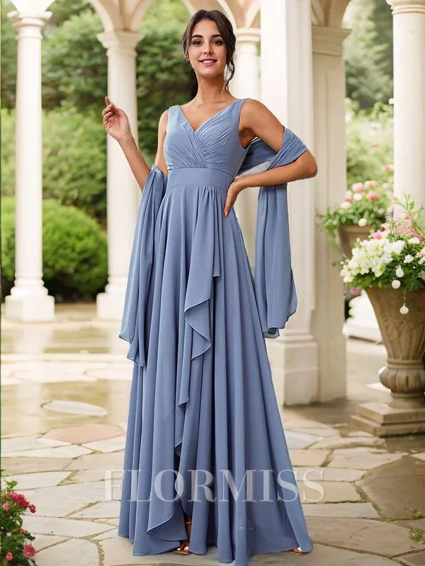 A-Line/Princess Chiffon Ruched V-neck Sleeveless Floor-Length Bridesmaid Dresses