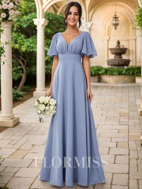 A-Line/Princess Chiffon Ruched V-neck Short Sleeves Floor-Length Bridesmaid Dresses