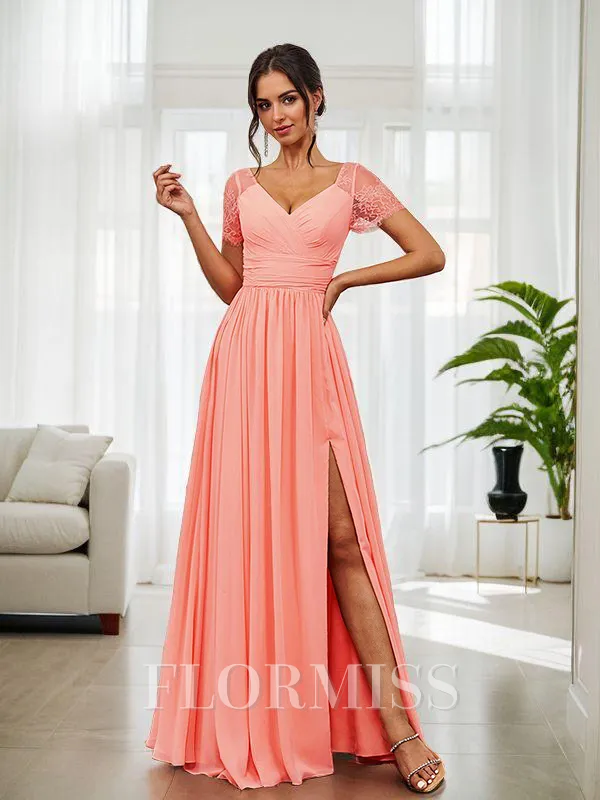 A-Line/Princess Chiffon Ruched V-neck Short Sleeves Floor-Length Bridesmaid Dresses