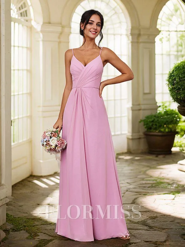 A-Line/Princess Chiffon Ruched V-neck Sleeveless Floor-Length Bridesmaid Dresses
