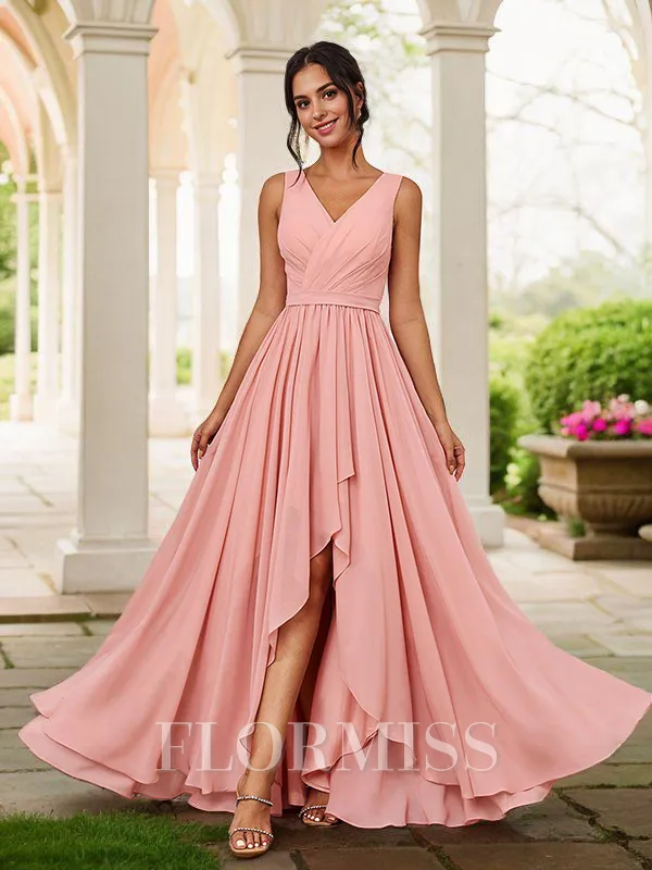 A-Line/Princess Chiffon Ruched V-neck Sleeveless Asymmetrical Bridesmaid Dresses