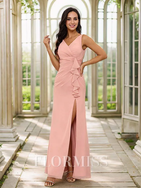 Sheath/Column Chiffon Ruched V-neck Sleeveless Floor-Length Bridesmaid Dresses