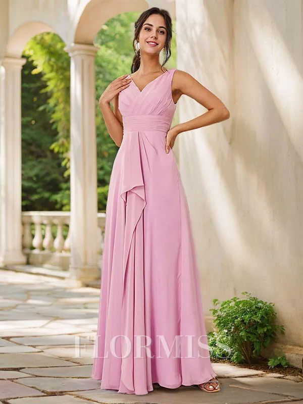 A-Line/Princess Chiffon Ruched V-neck Sleeveless Floor-Length Bridesmaid Dresses