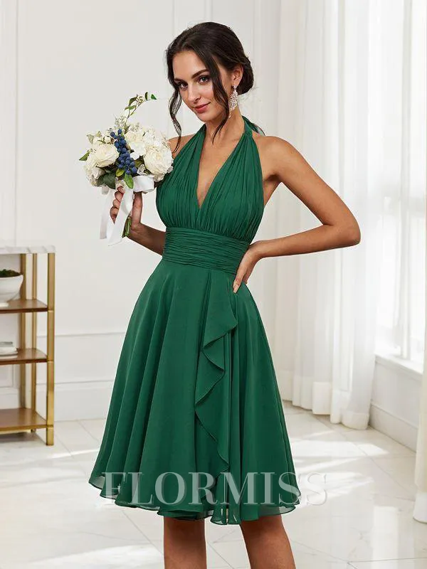 A-Line/Princess Chiffon Ruched Halter Sleeveless Short/Mini Bridesmaid Dresses