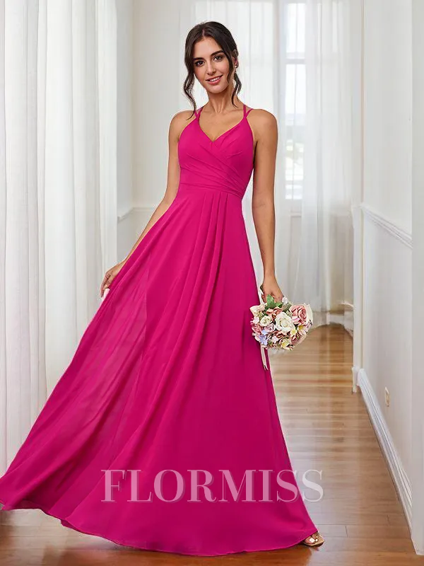 A-Line/Princess Chiffon Ruched V-neck Sleeveless Floor-Length Bridesmaid Dresses