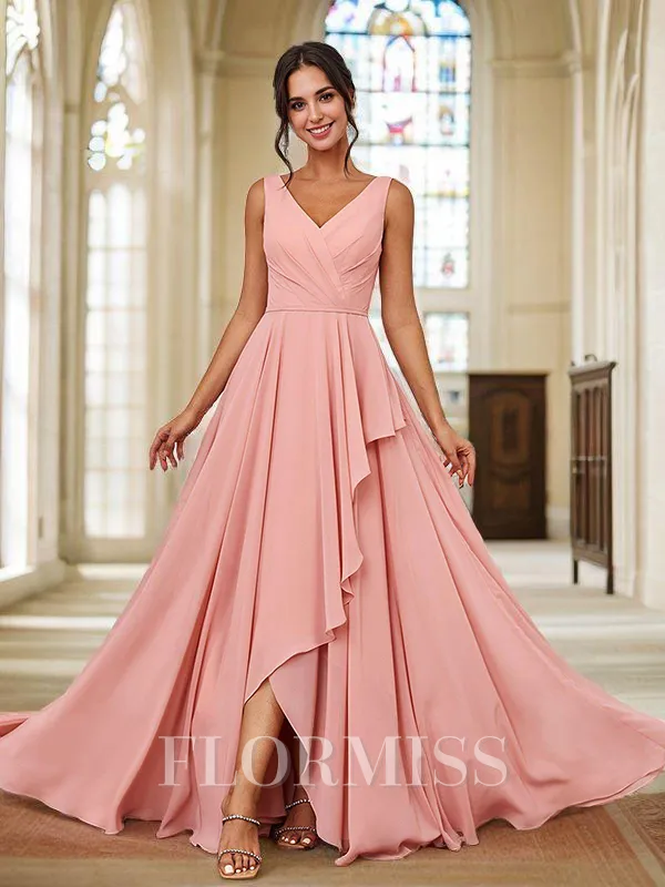 A-Line/Princess Chiffon Ruched V-neck Sleeveless Floor-Length Bridesmaid Dresses