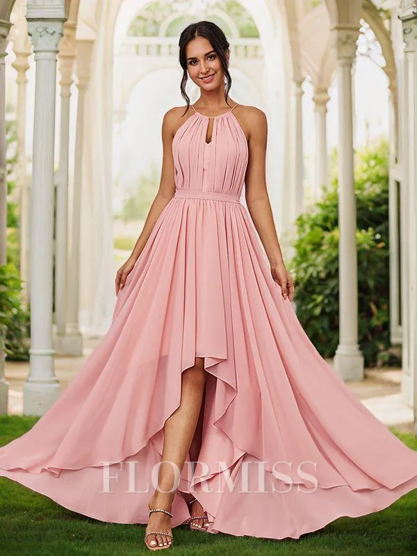 A-Line/Princess Chiffon Ruched Halter Sleeveless Asymmetrical Bridesmaid Dresses