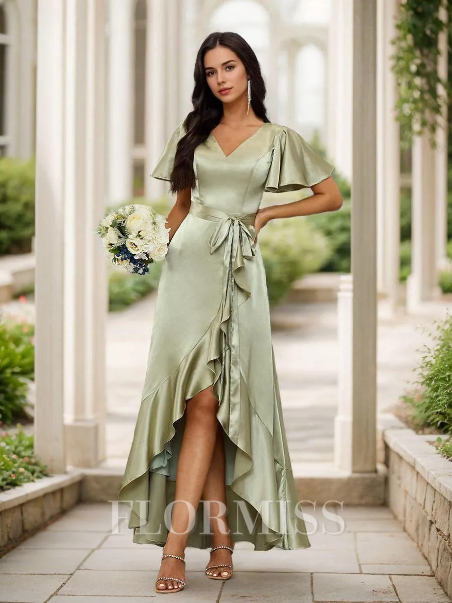A-Line/Princess Silk Like Satin Ruffles V-neck Short Sleeves Asymmetrical Bridesmaid Dresses
